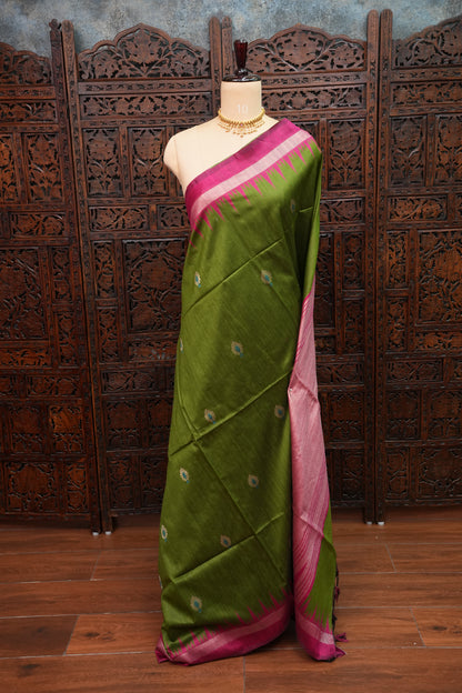 Semi Raw Silk Saree with Temple Border – Olive Green & Rani Pink