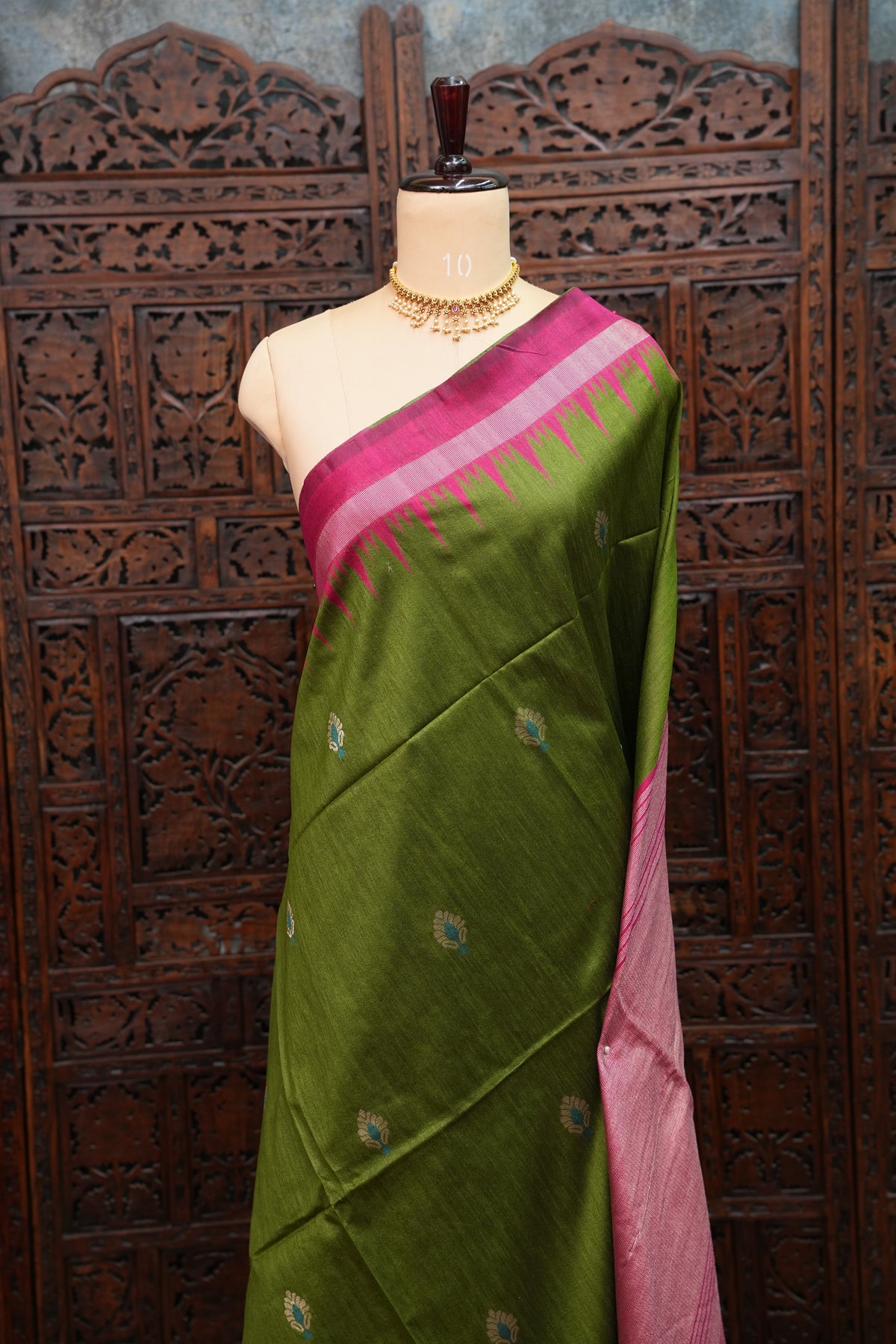 Semi Raw Silk Saree with Temple Border – Olive Green & Rani Pink