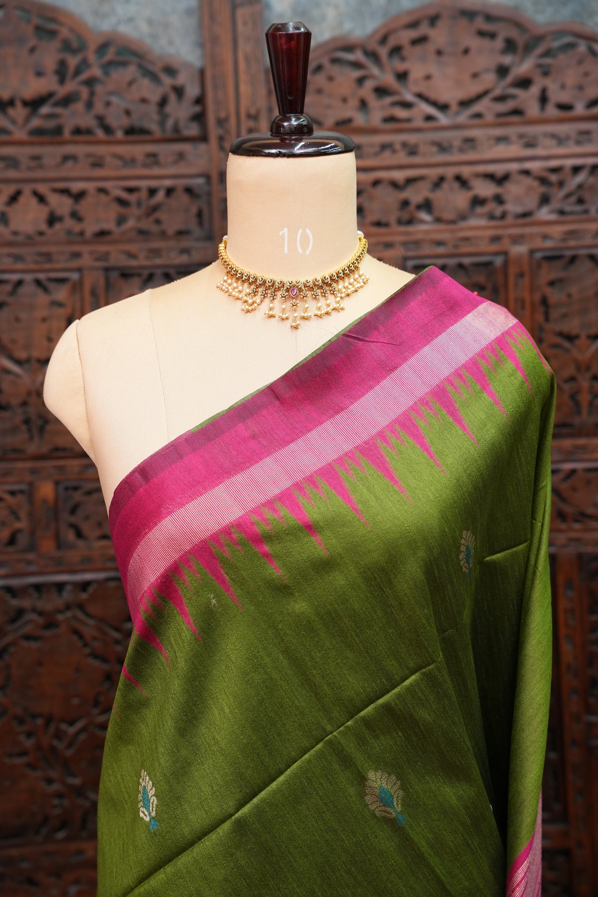 Semi Raw Silk Saree with Temple Border – Olive Green & Rani Pink