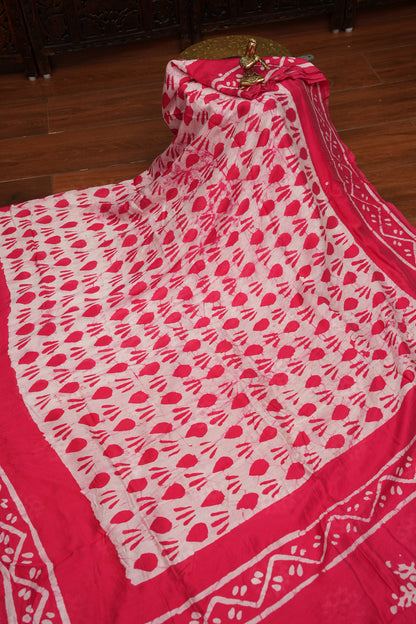 Pure Cotton Saree with Digital Block Prints – Rani Pink & White