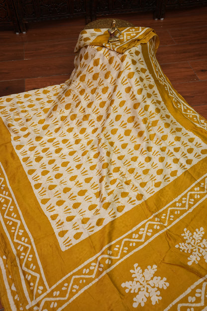 Pure Cotton Saree with Digital Block Prints – Mustard Yellow & White