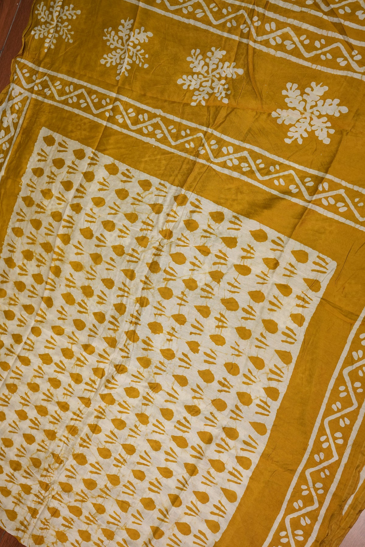 Pure Cotton Saree with Digital Block Prints – Mustard Yellow & White