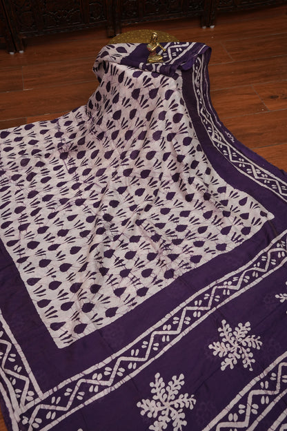 Pure Cotton Saree with Digital Block Prints – Deep Aubergine Purple & White