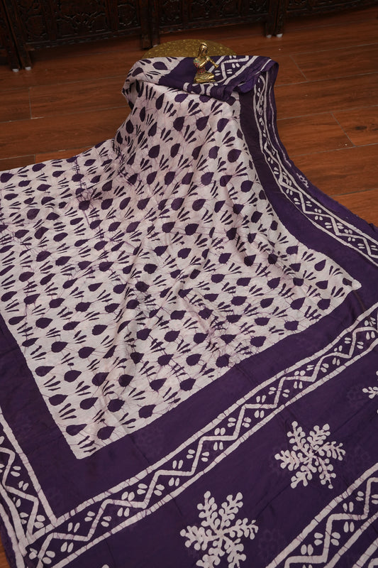 Pure Cotton Saree with Digital Block Prints – Deep Aubergine Purple & White