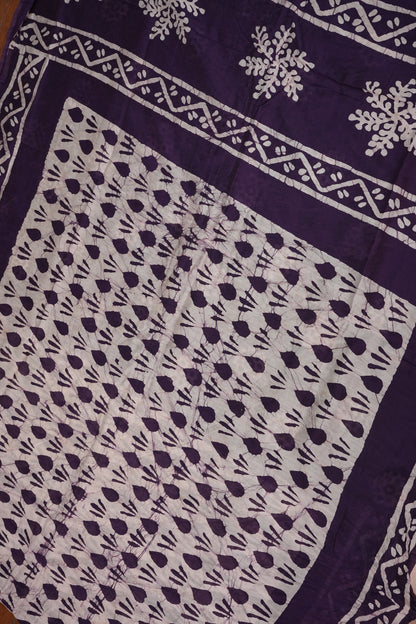 Pure Cotton Saree with Digital Block Prints – Deep Aubergine Purple & White
