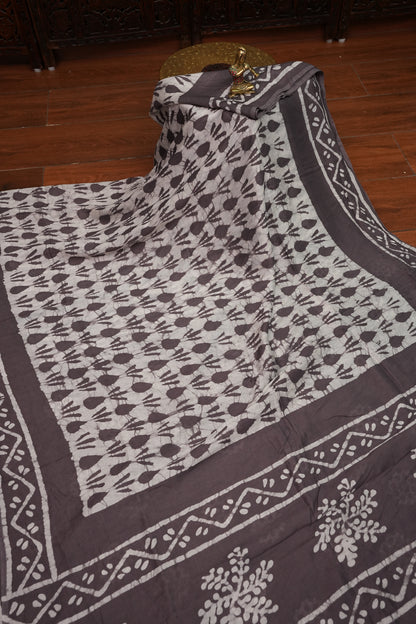 Pure Cotton Saree with Digital Block Prints – Charcoal Grey & White