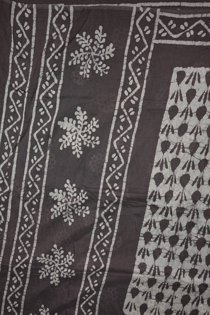 Pure Cotton Saree with Digital Block Prints – Charcoal Grey & White