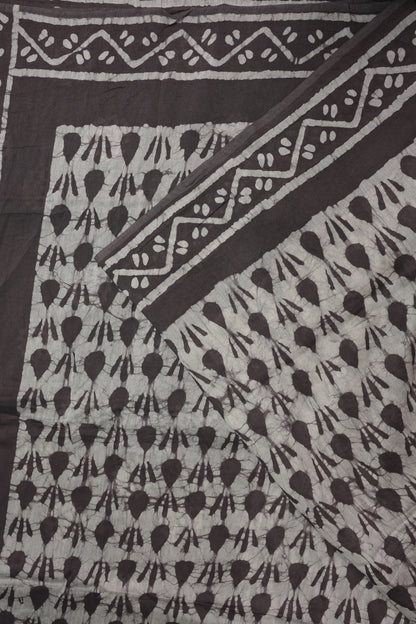 Pure Cotton Saree with Digital Block Prints – Charcoal Grey & White