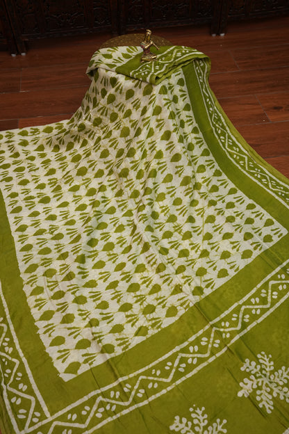 Pure Cotton Saree with Digital Block Prints – Olive Green & White