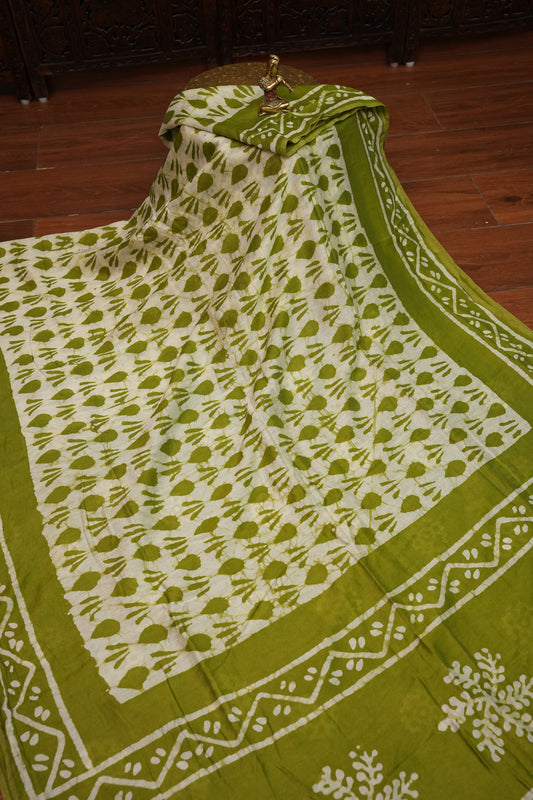 Pure Cotton Saree with Digital Block Prints – Olive Green & White