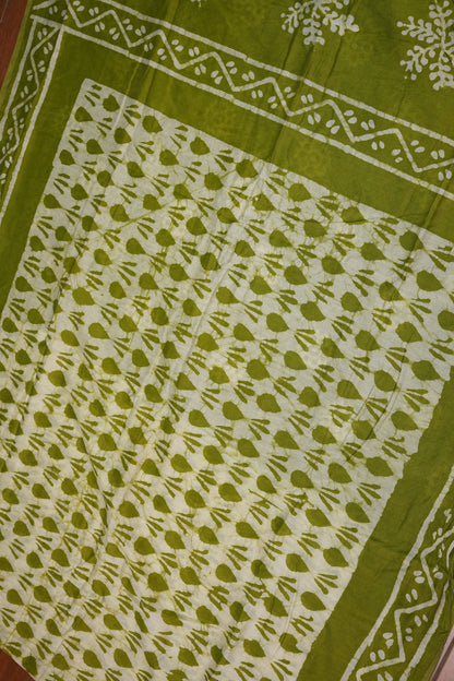 Pure Cotton Saree with Digital Block Prints – Olive Green & White