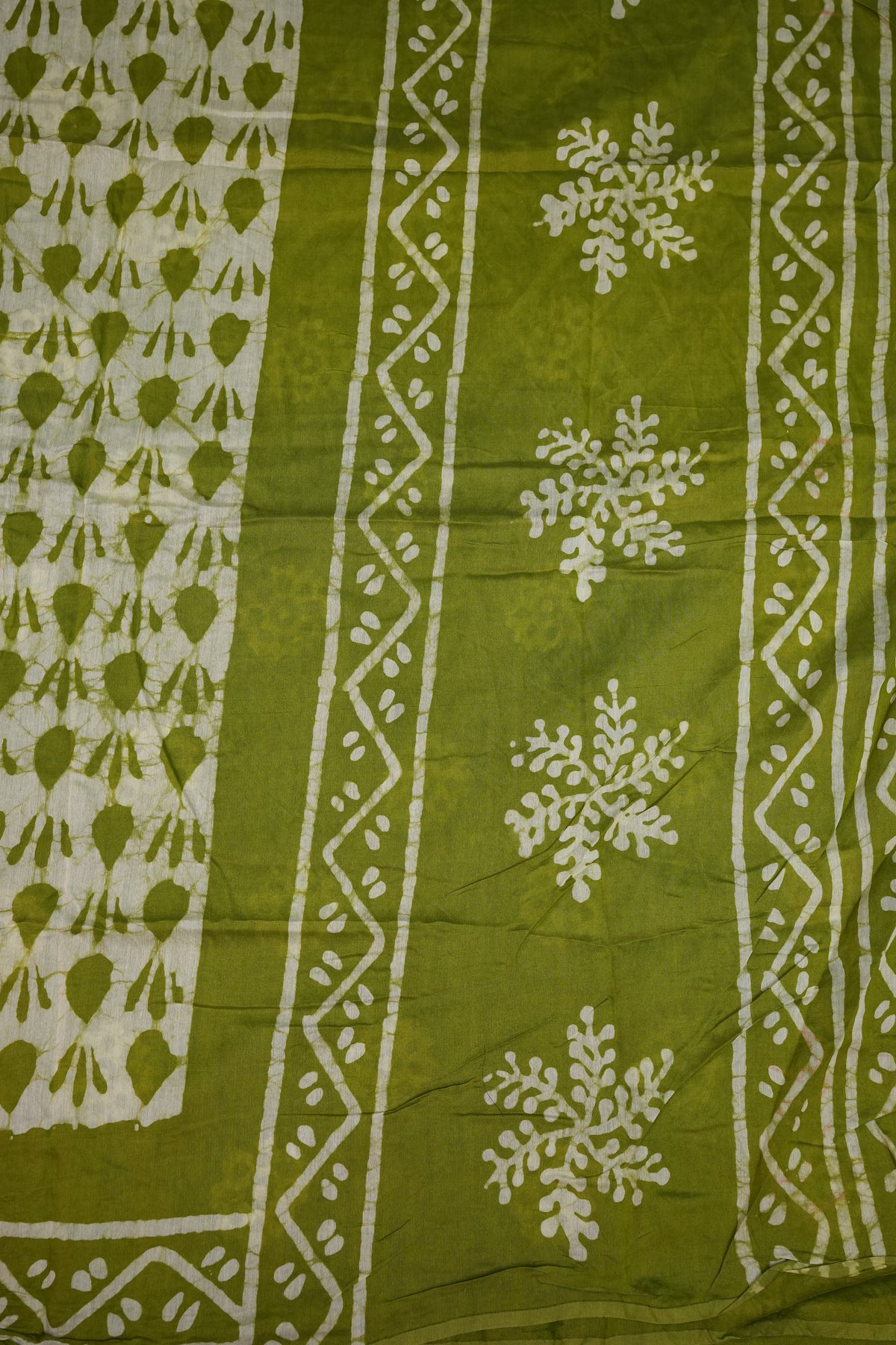 Pure Cotton Saree with Digital Block Prints – Olive Green & White