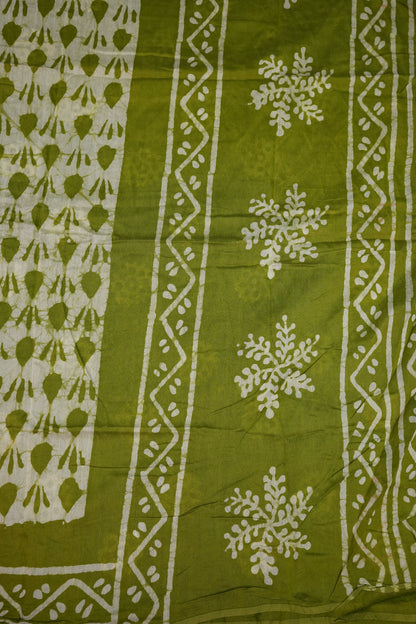 Pure Cotton Saree with Digital Block Prints – Olive Green & White