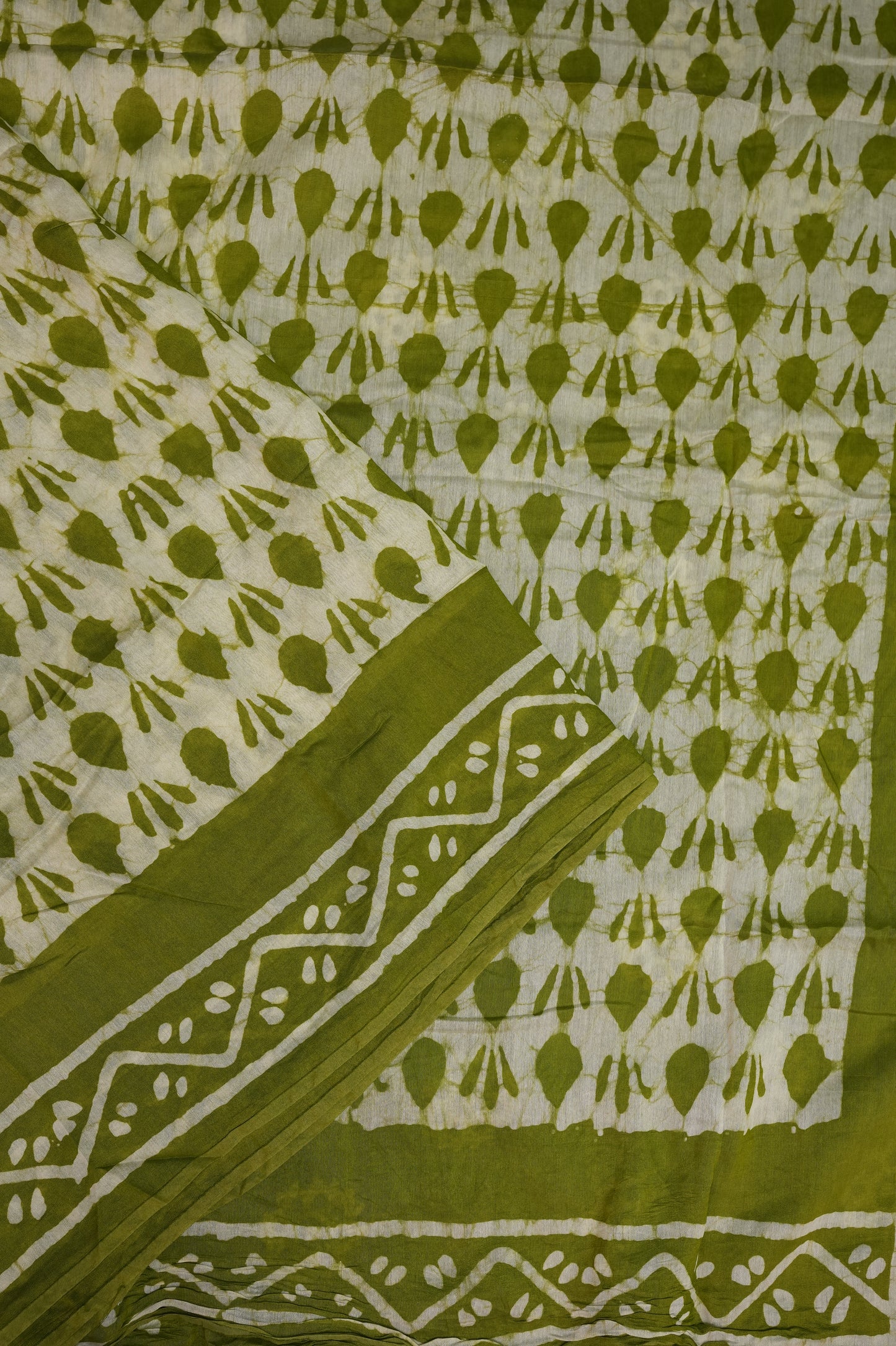 Pure Cotton Saree with Digital Block Prints – Olive Green & White