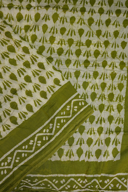 Pure Cotton Saree with Digital Block Prints – Olive Green & White