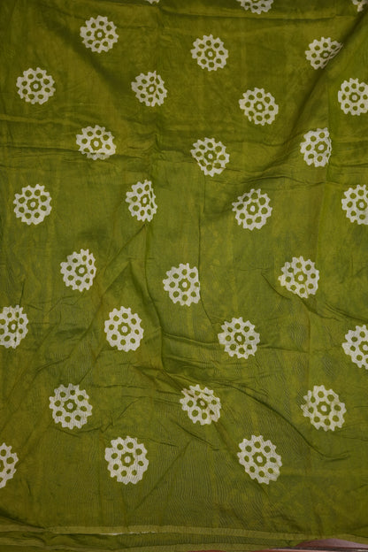Pure Cotton Saree with Digital Block Prints – Olive Green & White