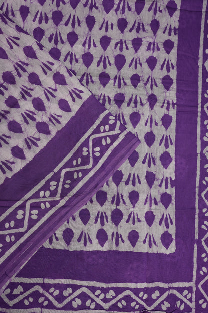 Pure Cotton Saree with Digital Block Prints – Purple & White