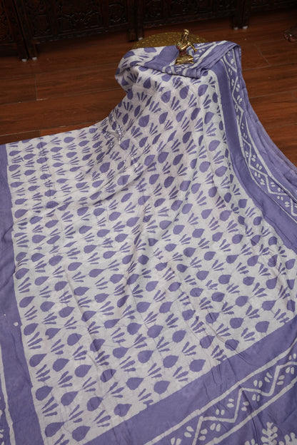 Pure Cotton Saree with Digital Block Prints – Lavender & White