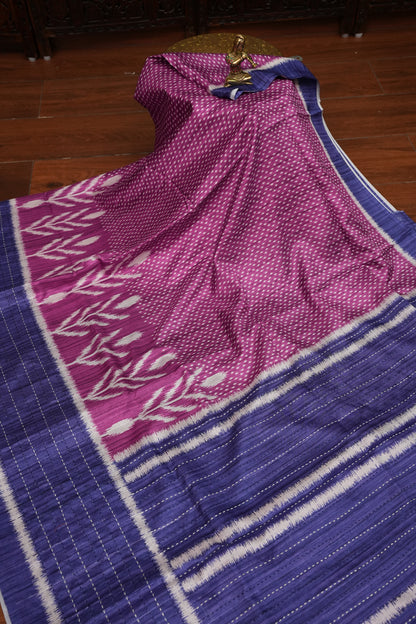 Semi Tussar Saree with Patola Body, Gap Border & Pallu – Magenta & Royal Blue