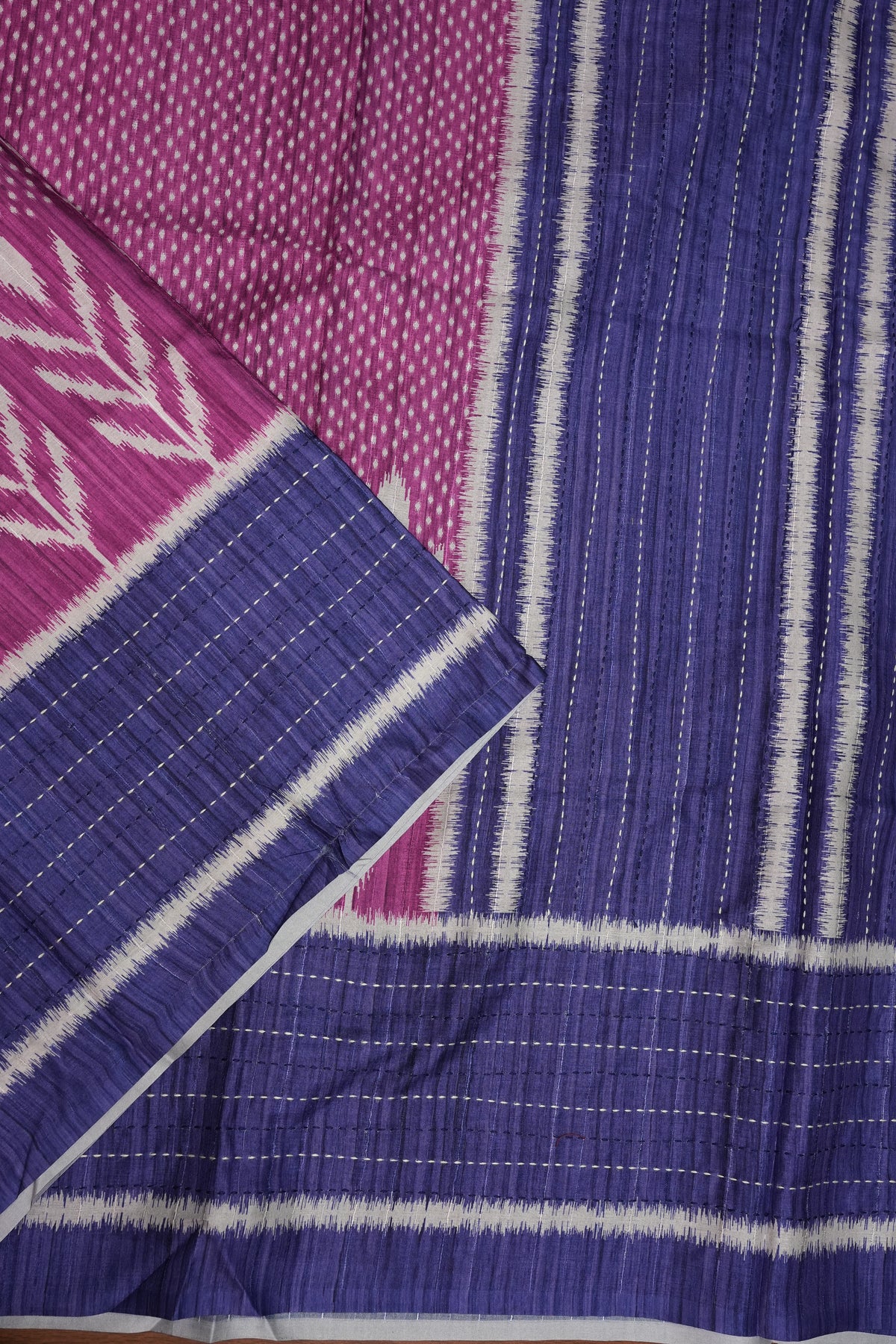 Semi Tussar Saree with Patola Body, Gap Border & Pallu – Magenta & Royal Blue