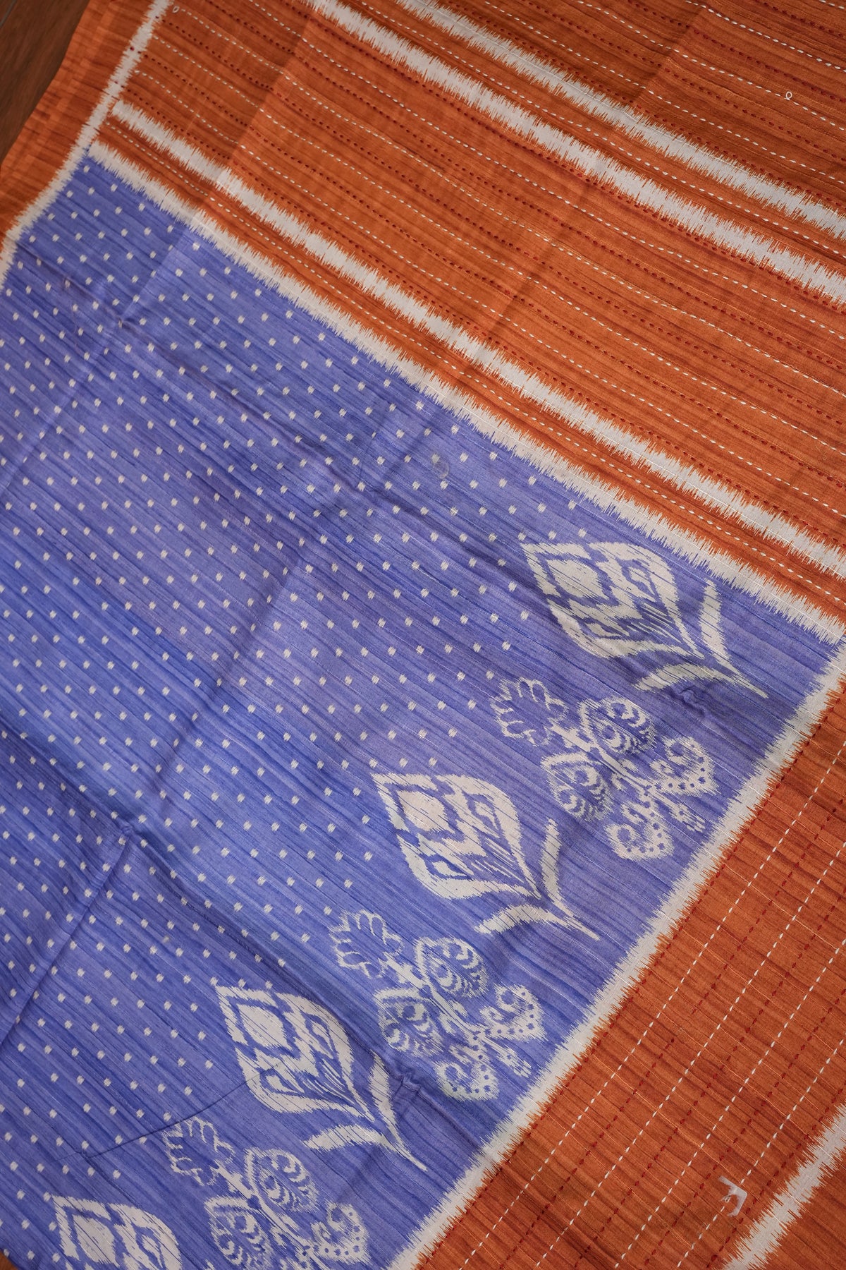 Semi Tussar Saree with Patola Body, Gap Border & Pallu – Periwinkle Blue & Rust Orange