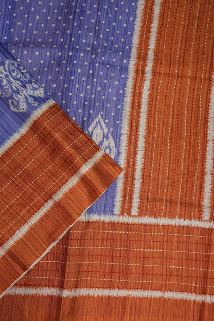 Semi Tussar Saree with Patola Body, Gap Border & Pallu – Periwinkle Blue & Rust Orange