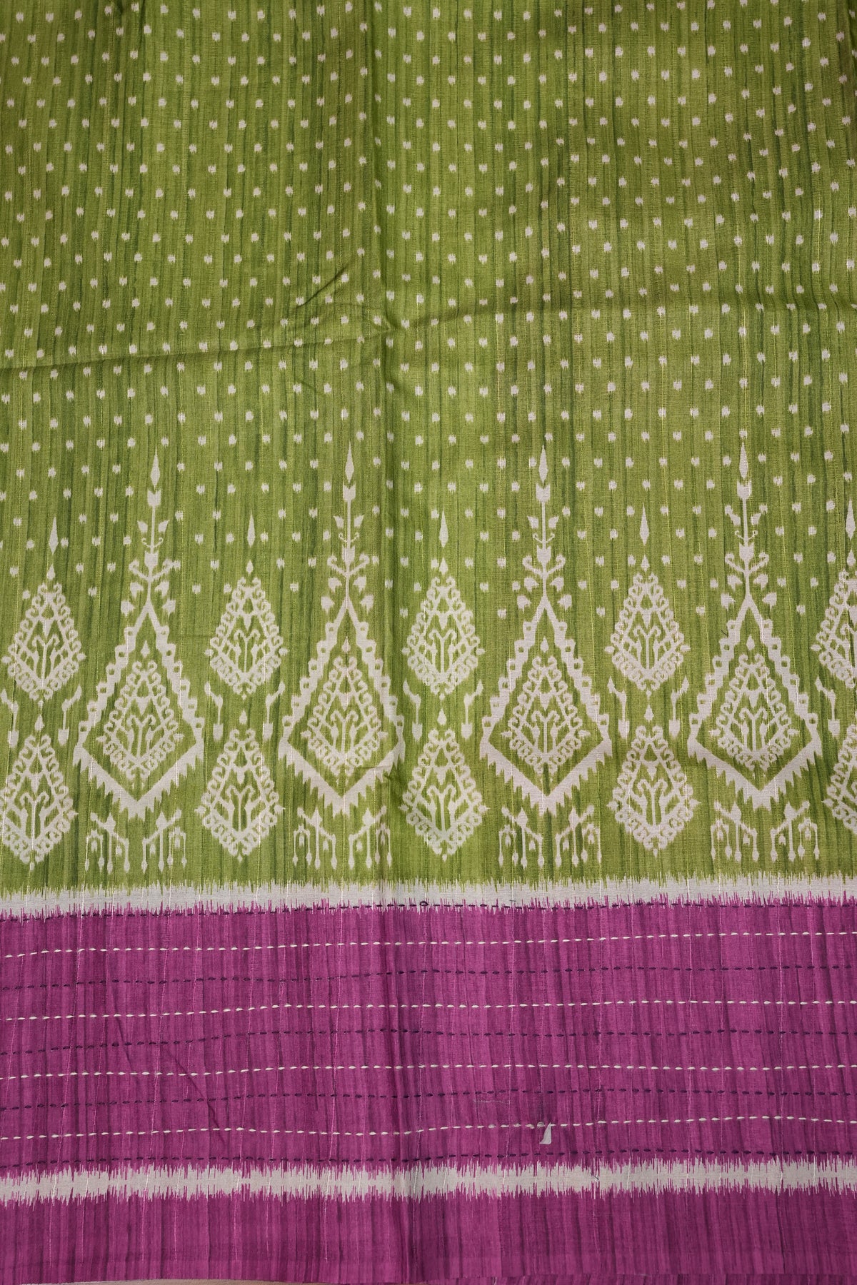 Semi Tussar Saree with Patola Body, Gap Border & Pallu – Olive Green & Magenta