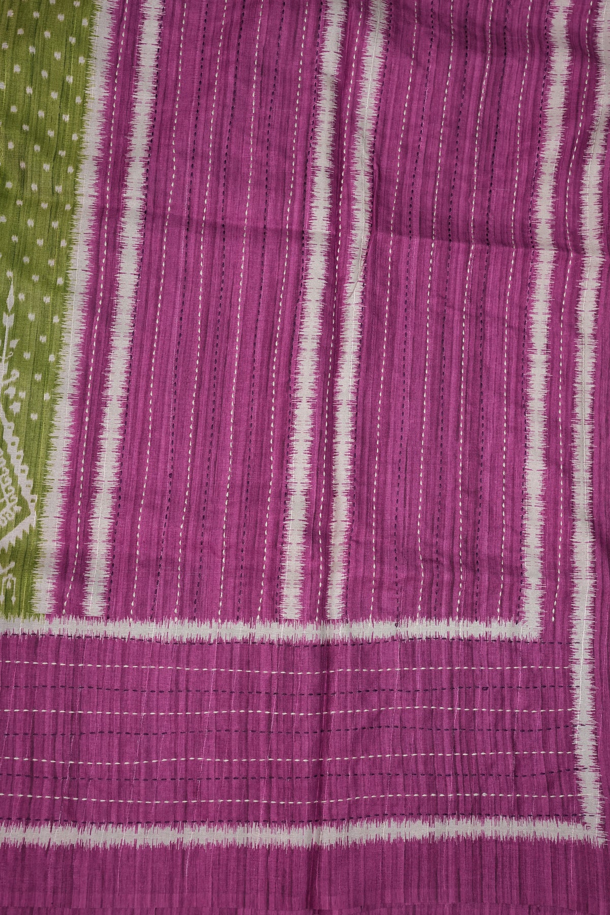Semi Tussar Saree with Patola Body, Gap Border & Pallu – Olive Green & Magenta