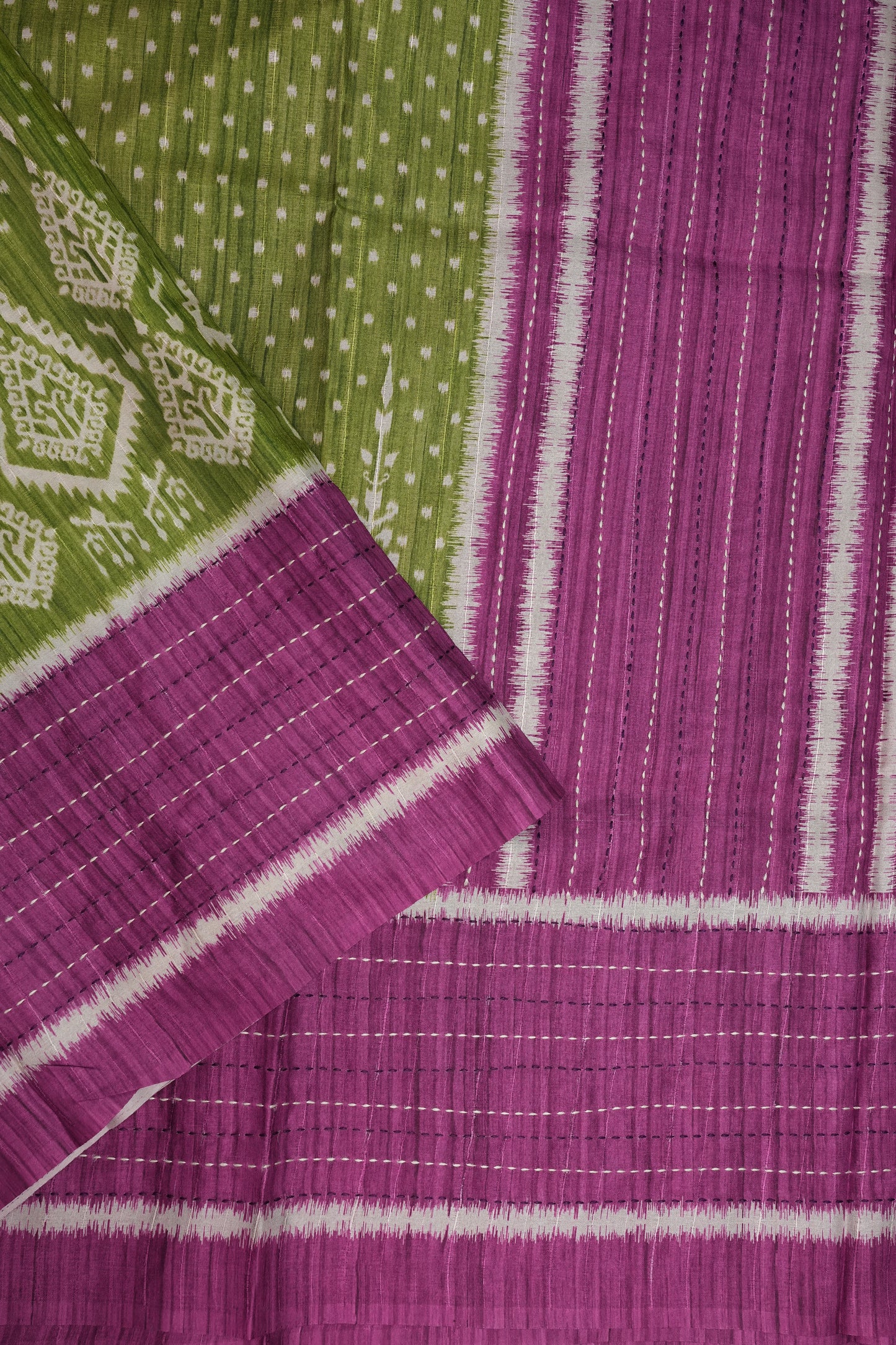 Semi Tussar Saree with Patola Body, Gap Border & Pallu – Olive Green & Magenta
