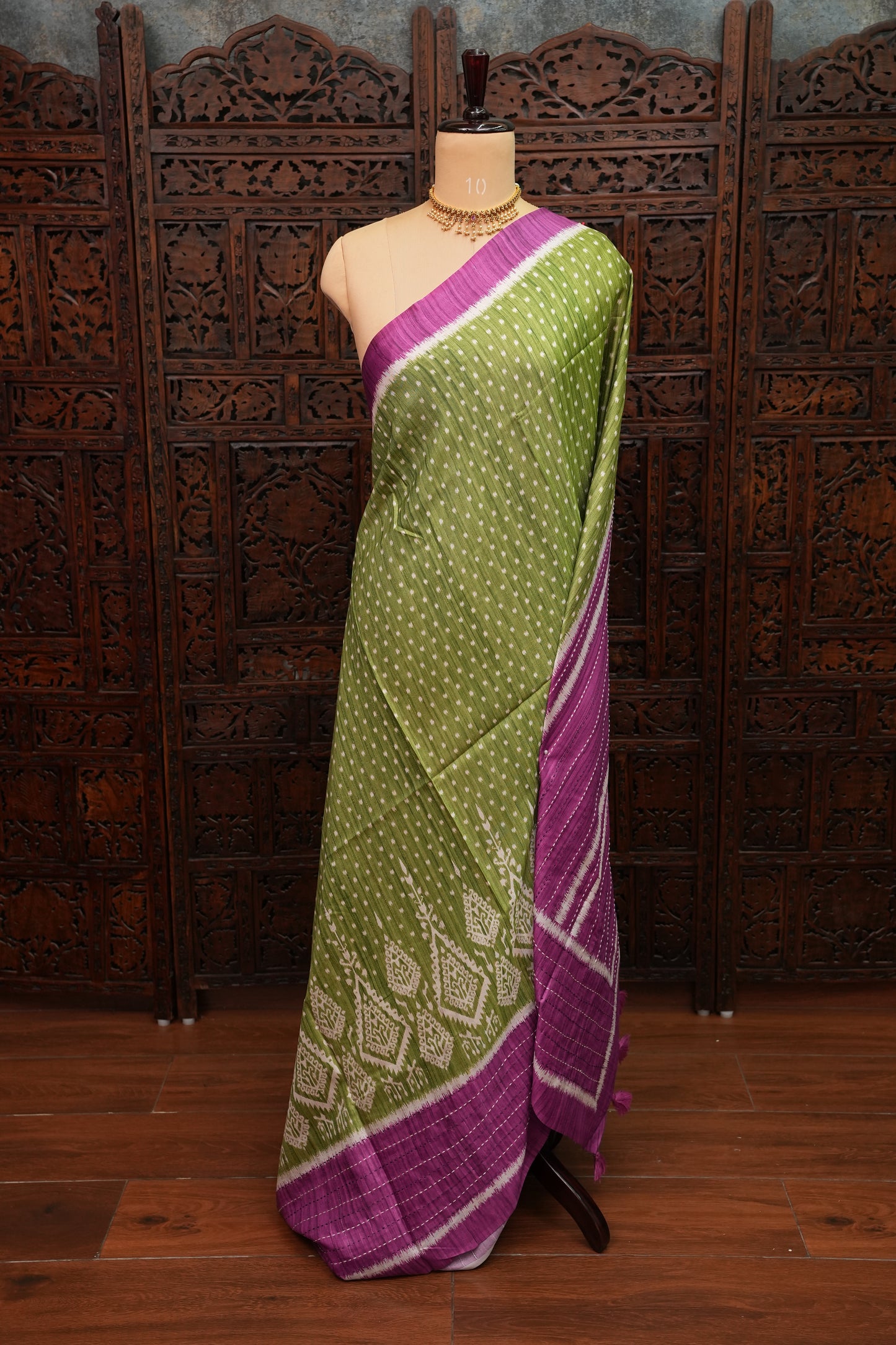 Semi Tussar Saree with Patola Body, Gap Border & Pallu – Olive Green & Magenta