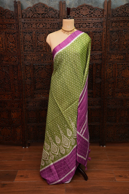 Semi Tussar Saree with Patola Body, Gap Border & Pallu – Olive Green & Magenta