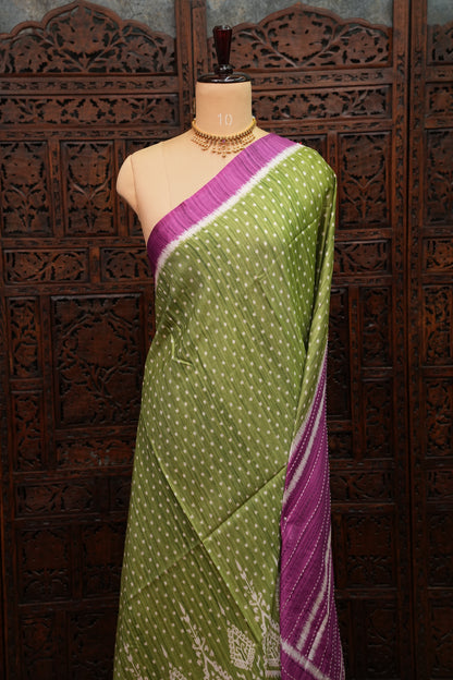 Semi Tussar Saree with Patola Body, Gap Border & Pallu – Olive Green & Magenta