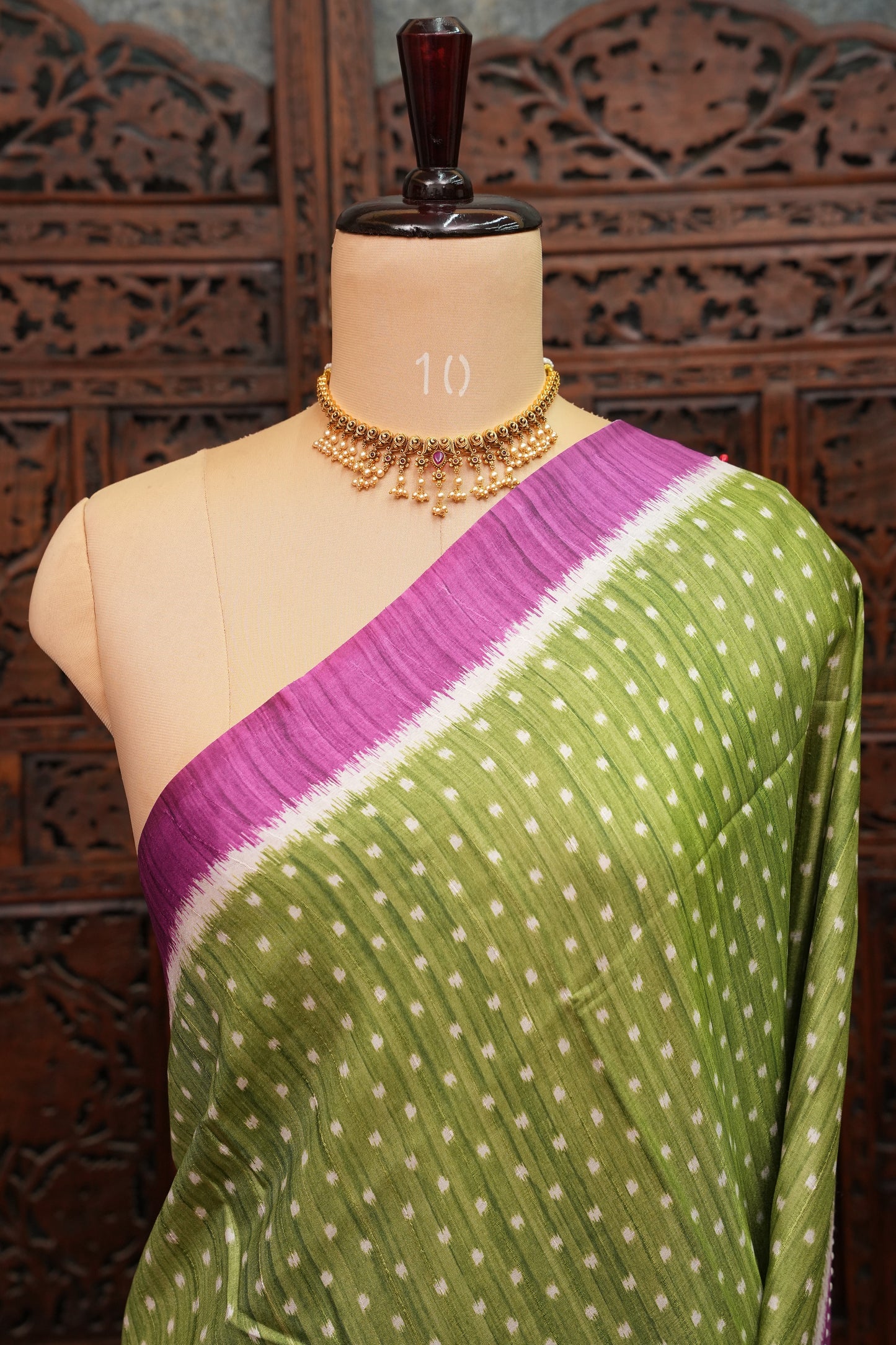 Semi Tussar Saree with Patola Body, Gap Border & Pallu – Olive Green & Magenta