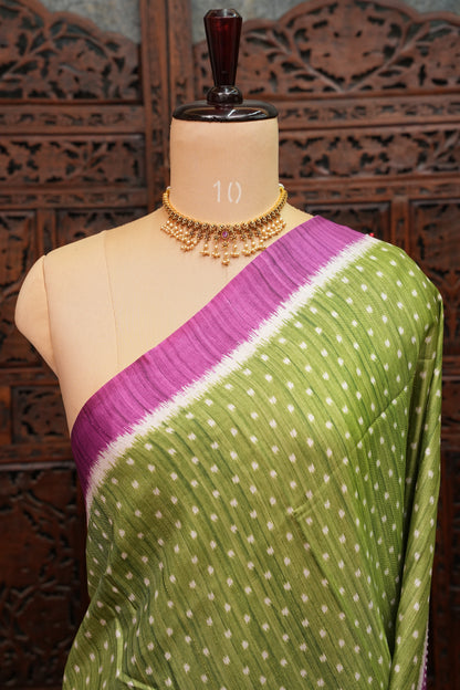 Semi Tussar Saree with Patola Body, Gap Border & Pallu – Olive Green & Magenta