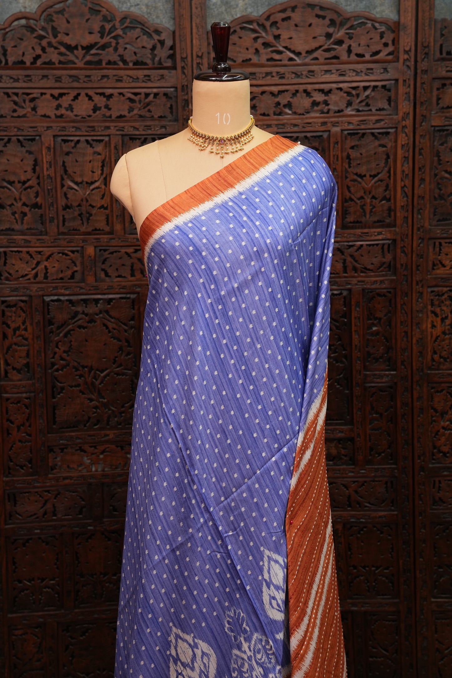 Semi Tussar Saree with Patola Body, Gap Border & Pallu – Periwinkle Blue & Rust Orange