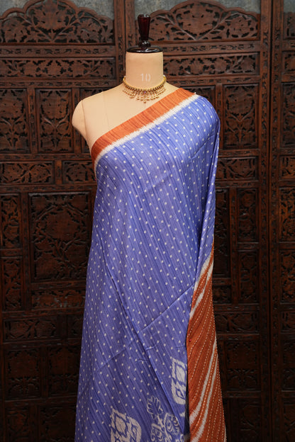 Semi Tussar Saree with Patola Body, Gap Border & Pallu – Periwinkle Blue & Rust Orange