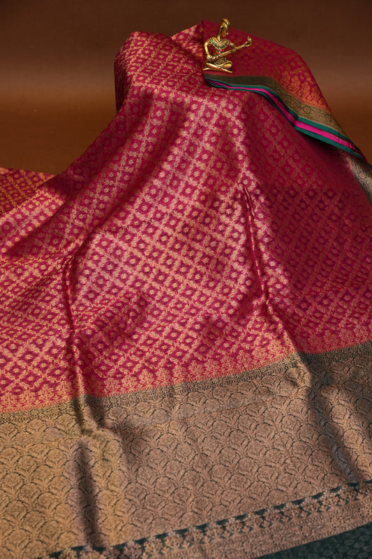 Pure Banarasi Organza(Kora) Silk Handloom Saree with Antique Zari Jaal – Deep Pink with Emerald Green Border | Silk Mark Certified