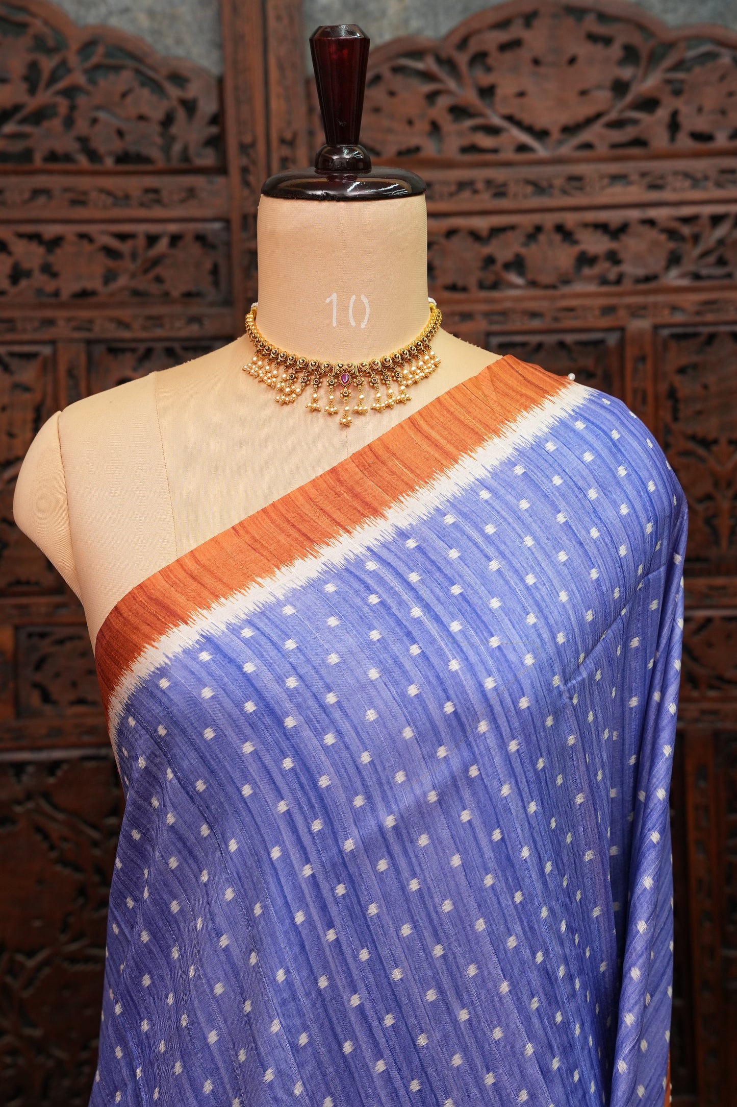 Semi Tussar Saree with Patola Body, Gap Border & Pallu – Periwinkle Blue & Rust Orange