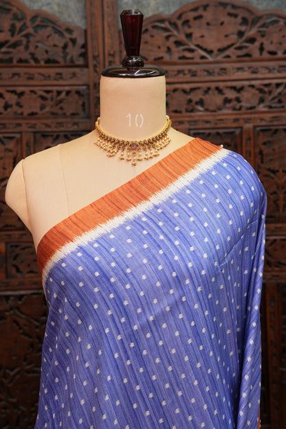 Semi Tussar Saree with Patola Body, Gap Border & Pallu – Periwinkle Blue & Rust Orange