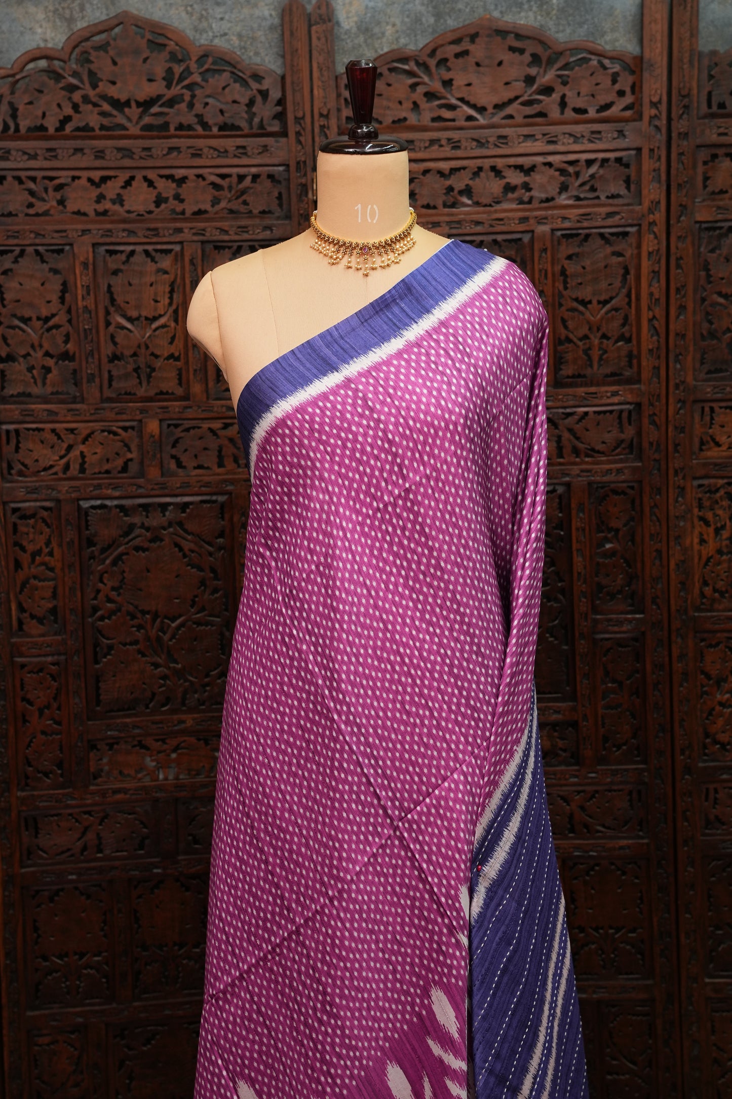 Semi Tussar Saree with Patola Body, Gap Border & Pallu – Magenta & Royal Blue