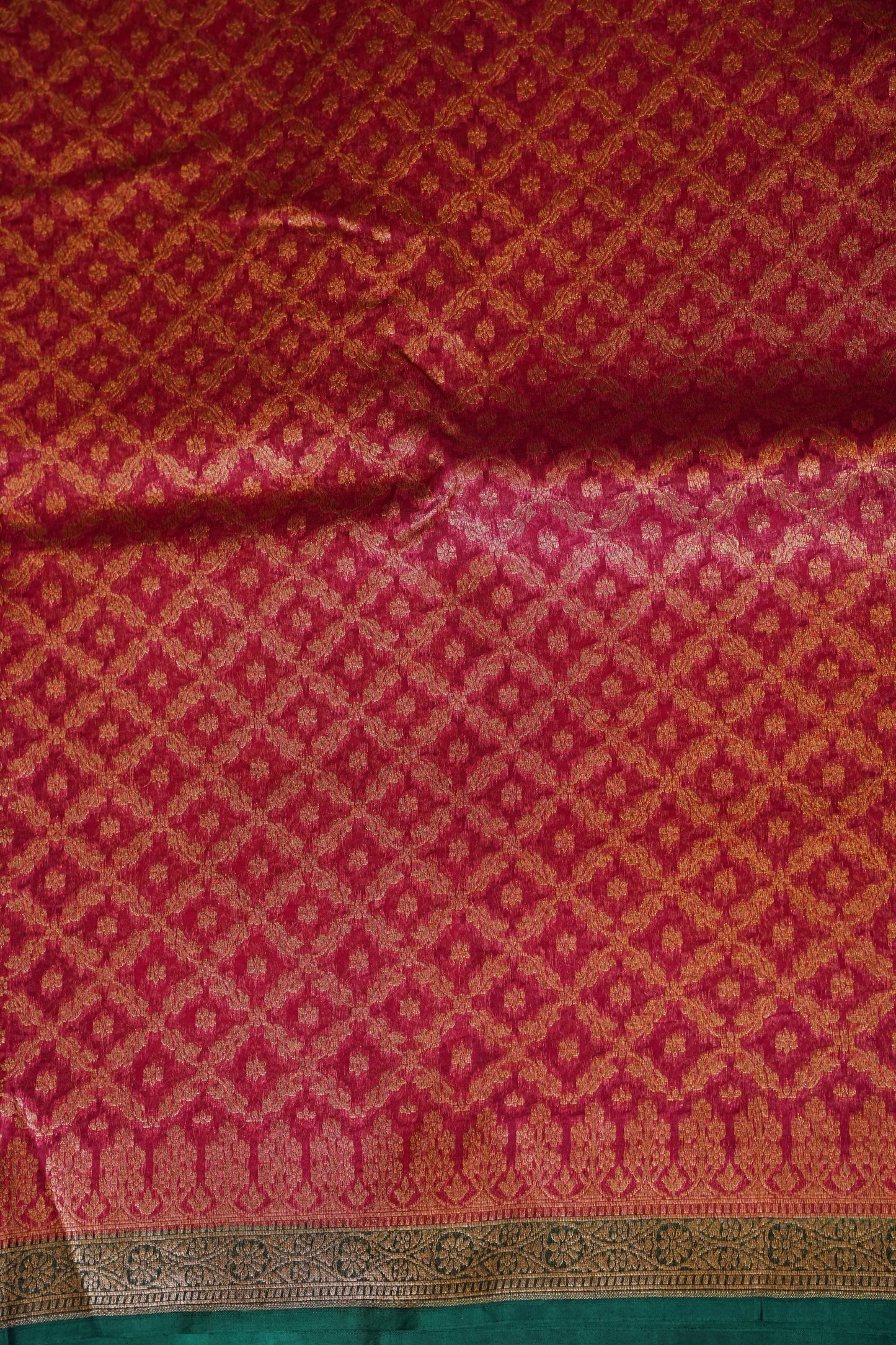Pure Banarasi Organza(Kora) Silk Handloom Saree with Antique Zari Jaal – Deep Pink with Emerald Green Border | Silk Mark Certified