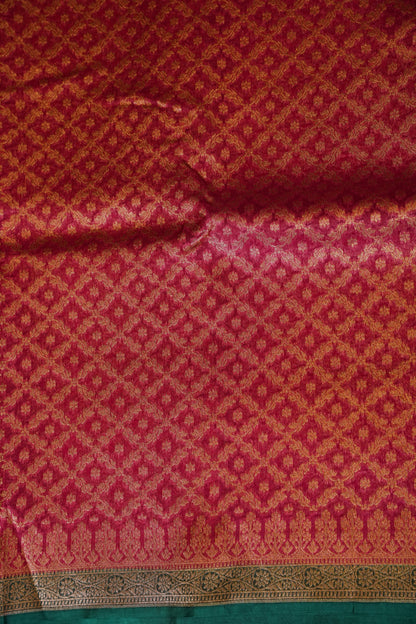 Pure Banarasi Organza(Kora) Silk Handloom Saree with Antique Zari Jaal – Deep Pink with Emerald Green Border | Silk Mark Certified