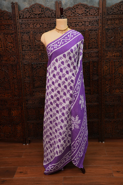 Pure Cotton Saree with Digital Block Prints – Purple & White