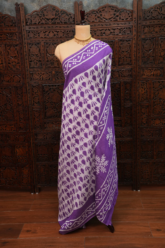 Pure Cotton Saree with Digital Block Prints – Purple & White