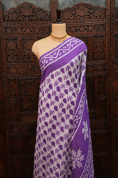 Pure Cotton Saree with Digital Block Prints – Purple & White