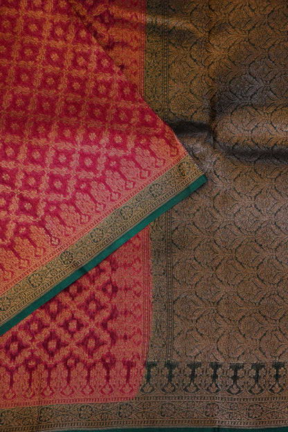 Pure Banarasi Organza(Kora) Silk Handloom Saree with Antique Zari Jaal – Deep Pink with Emerald Green Border | Silk Mark Certified