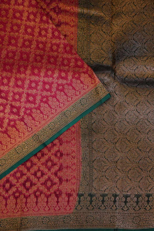 Pure Banarasi Organza(Kora) Silk Handloom Saree with Antique Zari Jaal – Deep Pink with Emerald Green Border | Silk Mark Certified