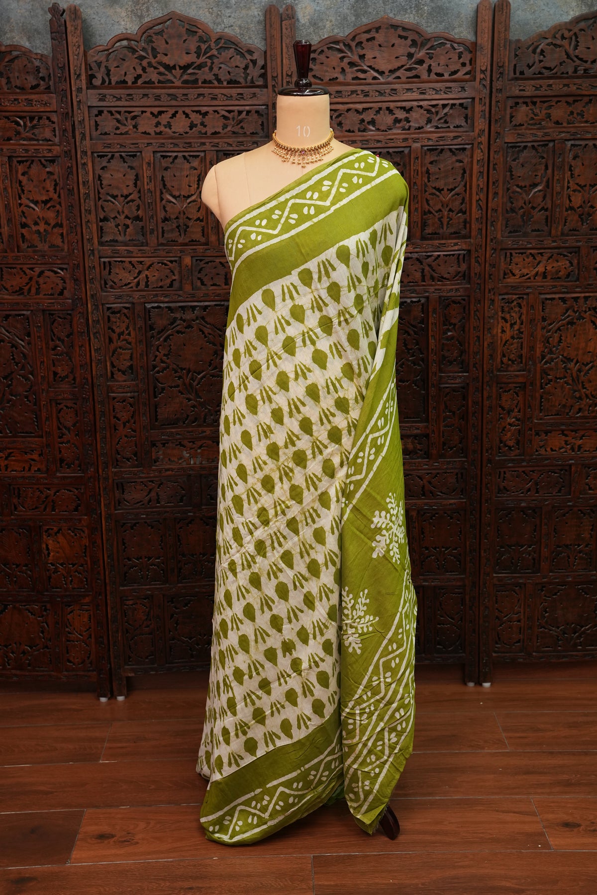 Pure Cotton Saree with Digital Block Prints – Olive Green & White