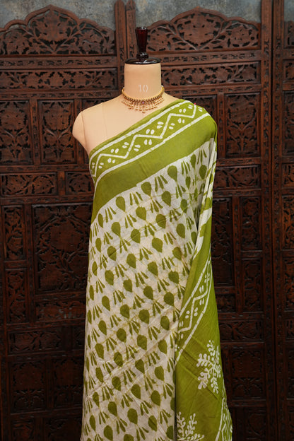 Pure Cotton Saree with Digital Block Prints – Olive Green & White