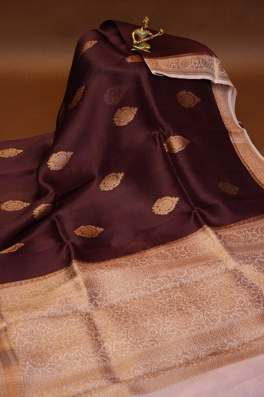 Pure Banarasi Organza (Kora) Silk Handloom Saree with Antique Gold Zari Buttas & Border – Coffee Brown with Baby Pink | Silk Mark Certified